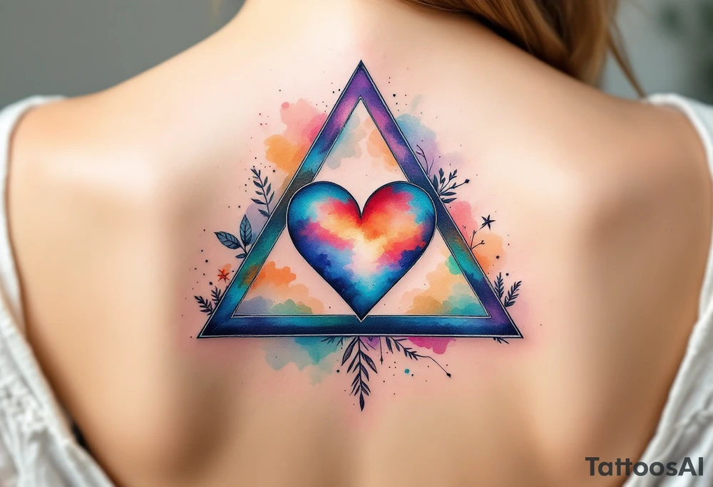 A triangle with a big heart in the center with a world travel theme tattoo idea