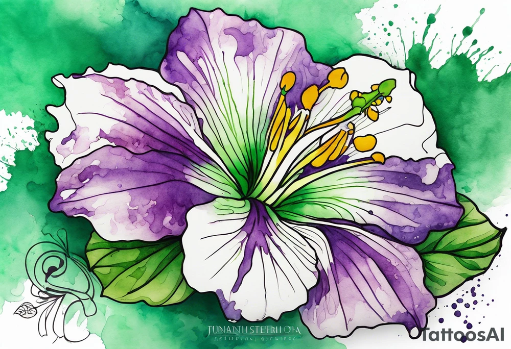 An outline of a green rio dipladenia flower and a green and purple watercolor splash in the background tattoo idea