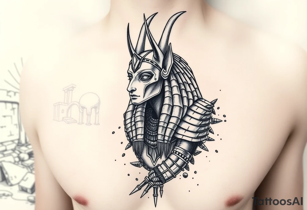 Anubis con armadura rota
Dios chacal Anubis mirando al frente, con armadura egipcia fragmentada y partes del cuerpo convertidas en arena.

Fondo con pirámides en ruinas o el río Nilo seco. tattoo idea
