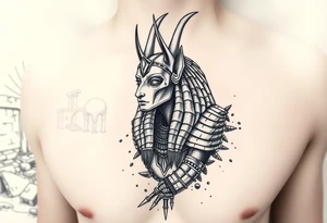 Anubis con armadura rota
Dios chacal Anubis mirando al frente, con armadura egipcia fragmentada y partes del cuerpo convertidas en arena.

Fondo con pirámides en ruinas o el río Nilo seco. tattoo idea