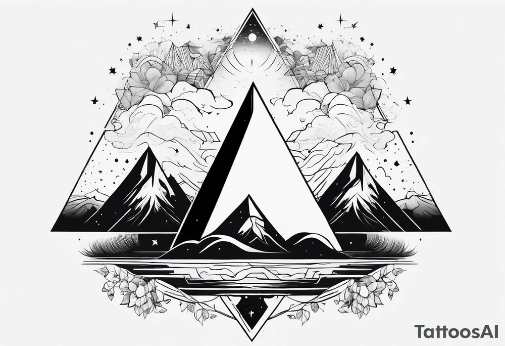thick line art of space and nature in triangle tattoo idea