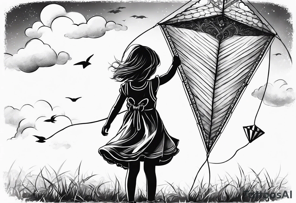 the back of a little girl in a dress, flying a kite tattoo idea