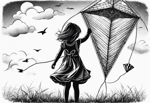 the back of a little girl in a dress, flying a kite tattoo idea