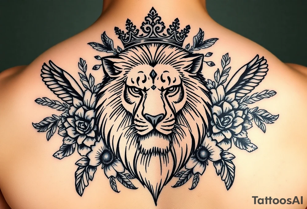 powerful majestic lion with a crown, surrounded by floral ornaments and birds tattoo idea