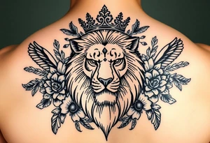 powerful majestic lion with a crown, surrounded by floral ornaments and birds tattoo idea