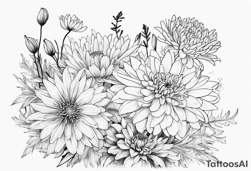 Asters, lillies, and chrysanthemums in a long line tattoo idea