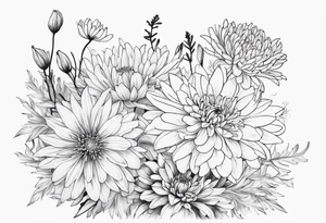 Asters, lillies, and chrysanthemums in a long line tattoo idea