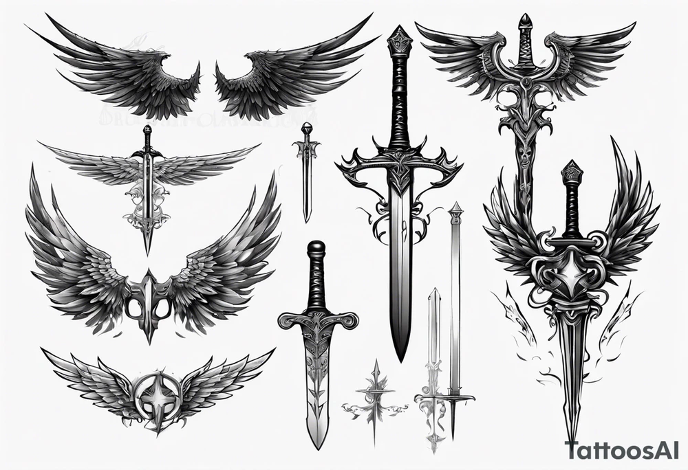 a sword with wings and markings around it tattoo idea