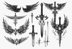 a sword with wings and markings around it tattoo idea