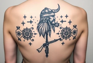 A Viking in the battlefield surrounded by Viking symbols and patterns. Hidden in the patterns is an Australian army rifle and slouch hat. tattoo idea