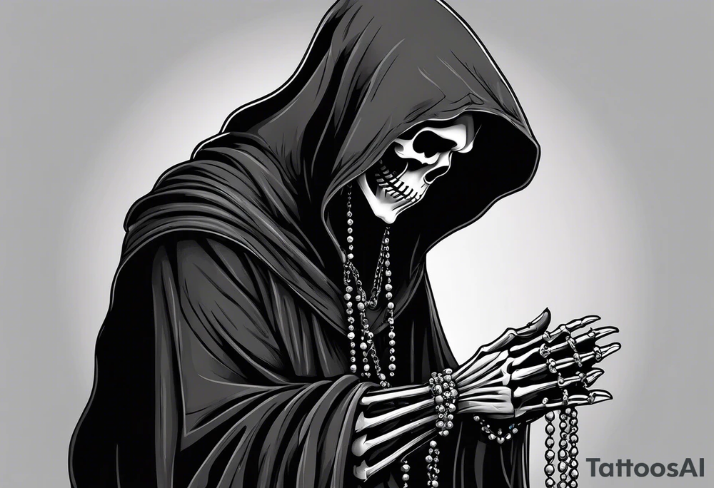 The grim reaper standing from a side profile praying with a rosary wrapped around his hands from a far with skeleton hands back up tattoo idea The grim reaper standing from a side profile praying with a rosary wrapped around his hands from a far with skeleton hands back up tattoo idea