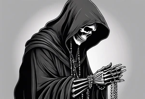 The grim reaper standing from a side profile praying with a rosary wrapped around his hands from a far with skeleton hands back up tattoo idea