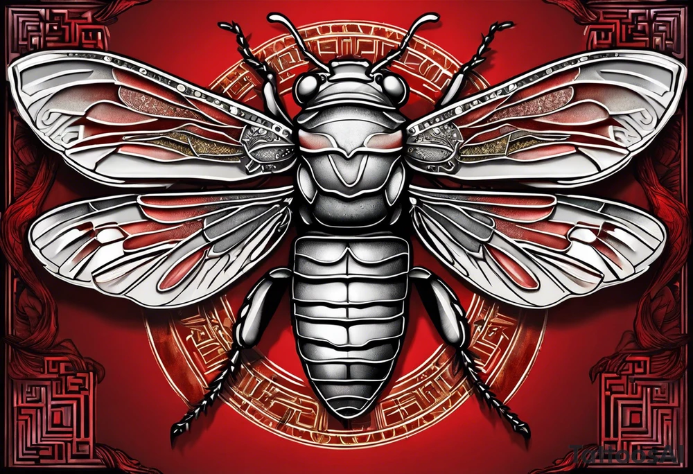 cicada on top of red greek visuals tattoo idea