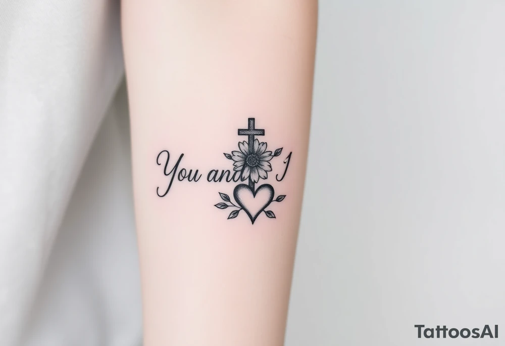 "You and I together" with a cross, a flower and a heart integrated into the design tattoo idea