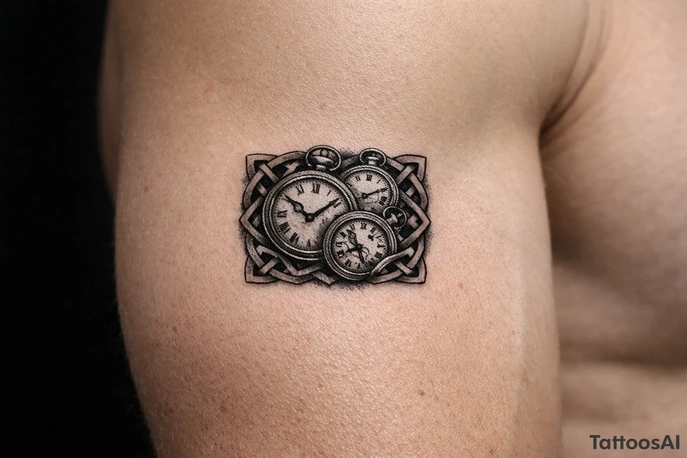 Vintage pocket watches scattered and overlapping, framed by bold, dark Celtic braids, black and grey realism. tattoo idea