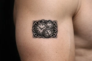 Vintage pocket watches scattered and overlapping, framed by bold, dark Celtic braids, black and grey realism. tattoo idea