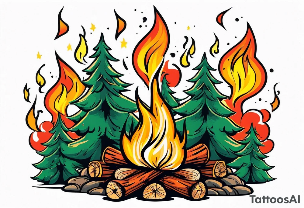 Small campfire in the center, right side: an evergreen tall tree, left side: skinny fast flow steam tattoo idea