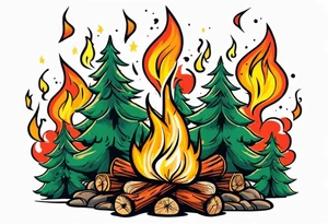 Small campfire in the center, right side: an evergreen tall tree, left side: skinny fast flow steam tattoo idea