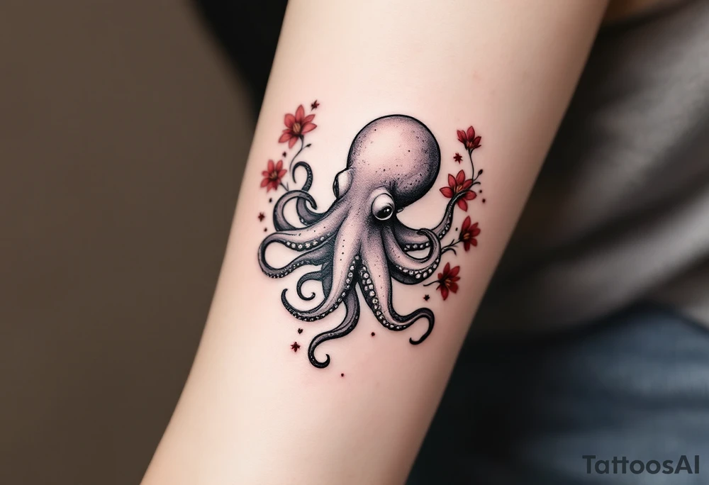 A small realistic black and grey tattoo of an octopus, cute, with detailed shading and soft linework, showing the octopus with swirling tentacles, on light skin. ornamental flowers around with red ink. The style is minimalistic and elegant, resembling fine-line tattoo with a shadow tattoo idea