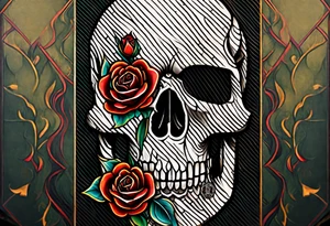 traditional Knee tattoo in fall colors showing a large skull with a rose in the style of Mark Mahoney tattoo idea
