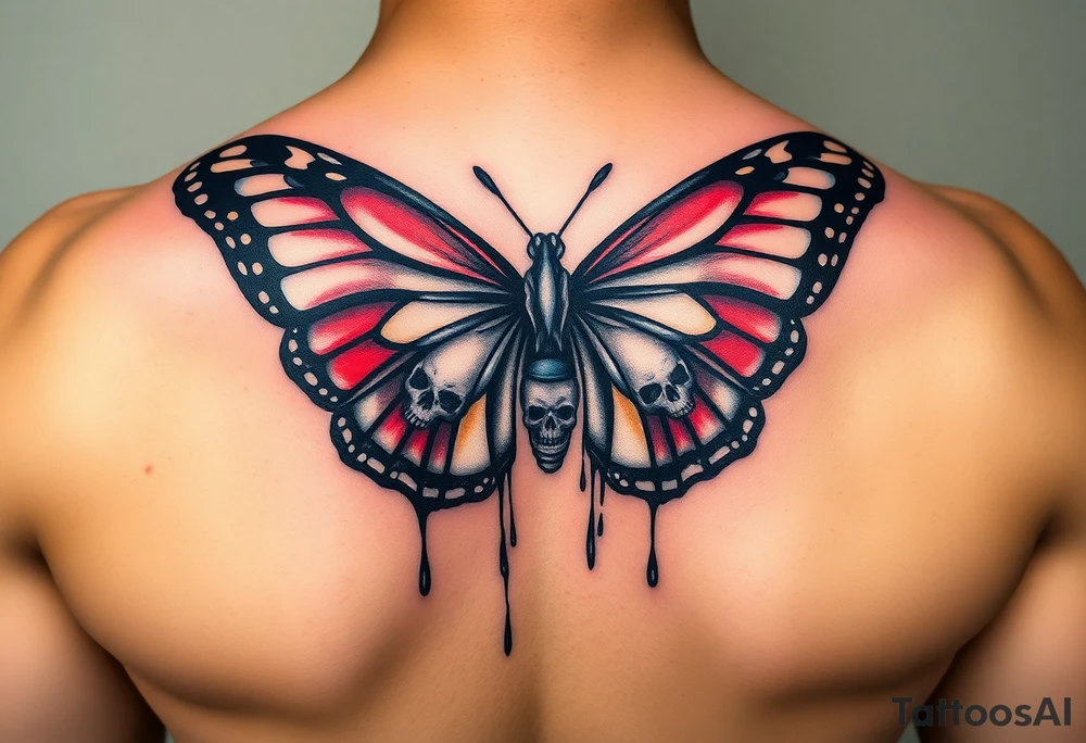 powerful majestic and dark monarch butterfly with skull detail in the wings
hidden skulls in wings, skull detail making the body of the butterfly with a horror style dripping effect, including blue, red and white colouring tattoo idea