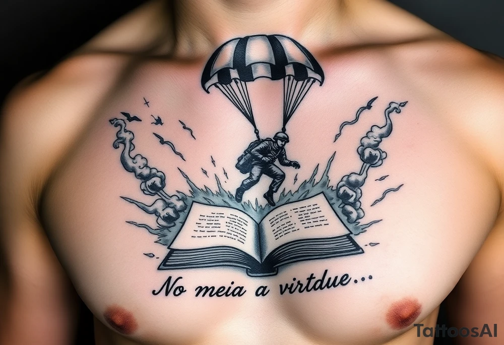 A parachuting soldier landing into an open book. Chaos surrounding, but the book is protecting the soldier from it. On the chest. Make the tattoo smaller. Make it thought provoking. "No meio esta a virtude" underneath the book. Make the chaos in the environment be a thunderstorm tattoo idea