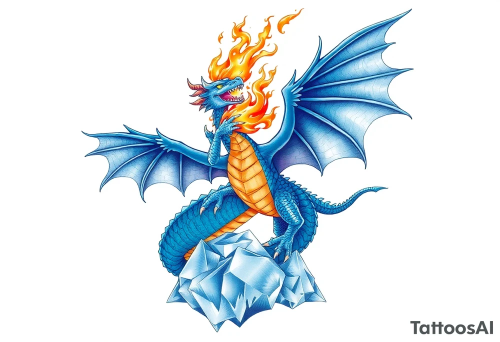 Blue fire breathing dragon with wings spread flying over ice tattoo idea