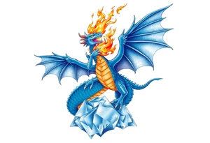 Blue fire breathing dragon with wings spread flying over ice tattoo idea