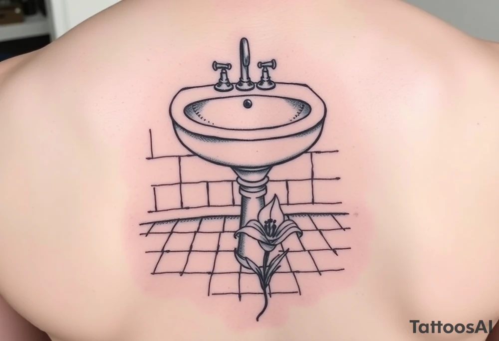 bathroom sink on tile floor with lily coming up out of the floor tattoo idea
