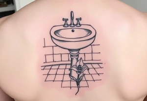 bathroom sink on tile floor with lily coming up out of the floor tattoo idea