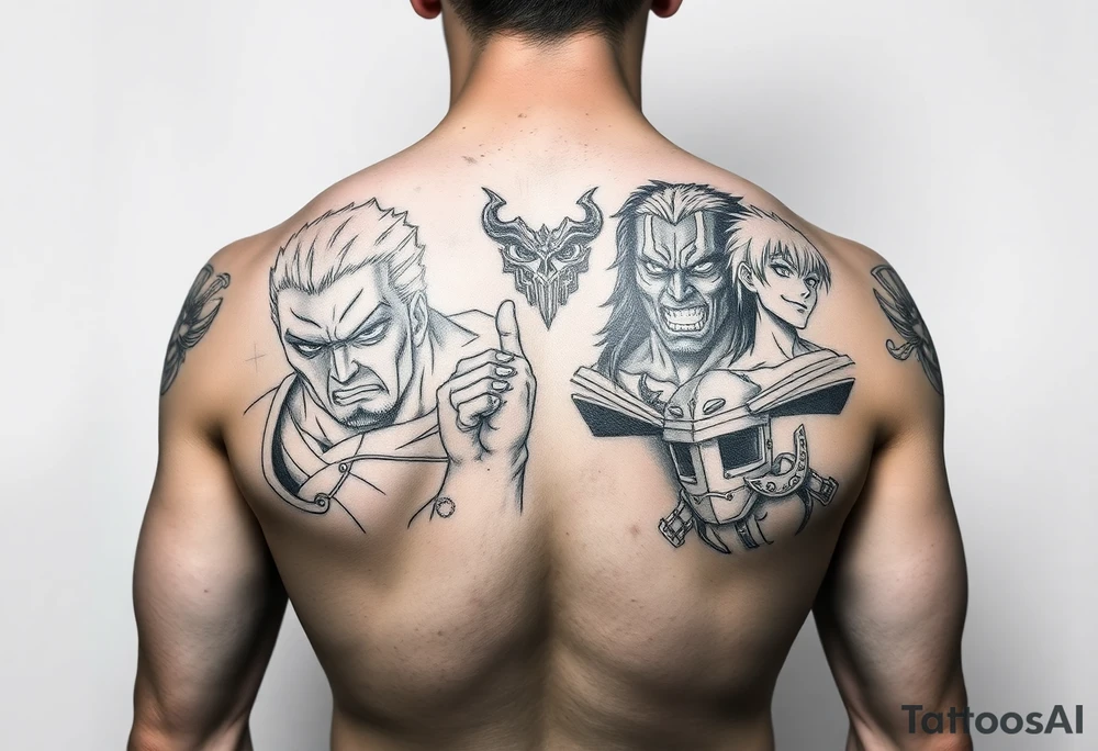 Battle royal anime sleeve with several characters from different Manga tattoo idea