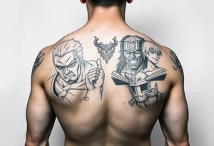 Battle royal anime sleeve with several characters from different Manga tattoo idea