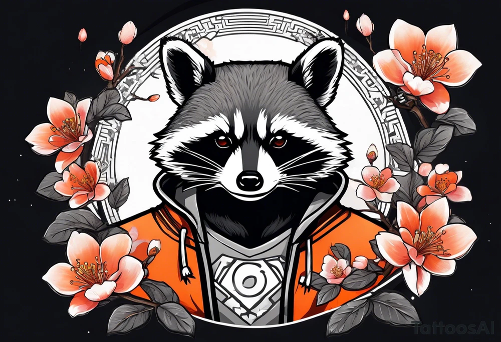 Raccoon wearing a white Superman logo on a black hoodie and orange Japanese cherry blossoms beside tattoo idea