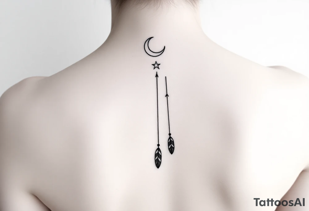 Narrow vertical memorial chain of symbols made of a moon, stars symbolizing loss, a brother and sister bond, and strength in a boho style following down the spine in with 3 vertical different lengths flowing lines made of a discreet connection of morse code ".--- .- --.     .-.. ... -.- .- .-.   -.. .. --.     .-.. .. .-.. .-.. . -... .-. --- .-. forming 3 arrow shapes connected to 3 flowing feathers hanging from the end of the morse code lines tattoo idea
