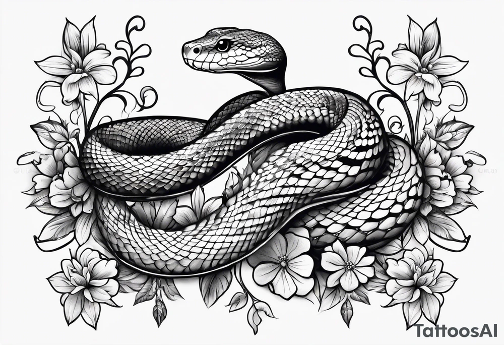 small snake with flowers and vines extending up and down tattoo idea