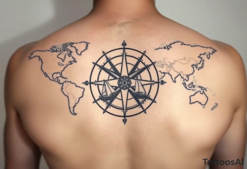 antique compass rose overlaid on weathered world map with sailing ships tattoo idea