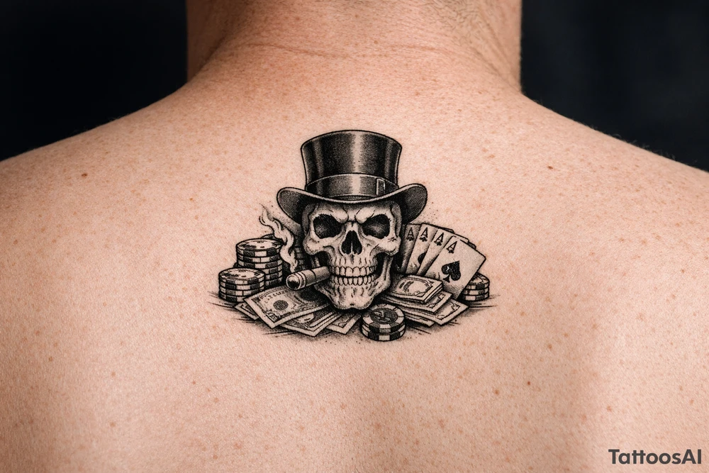 skull with cigar in his mouth,top-hat surrounded by poker-chips,paying cards and money. tattoo idea