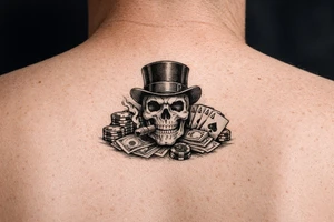 skull with cigar in his mouth,top-hat surrounded by poker-chips,paying cards and money. tattoo idea