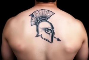 American traditional tattoo of a spartan helmet with an arrow going through it from the top of the helmet tattoo idea