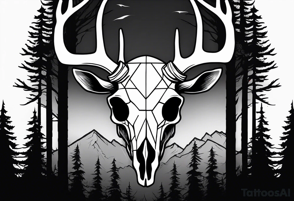 scary side view of a DECAYING deer skull JUST BONE surrounded by a forest fire in background tattoo idea