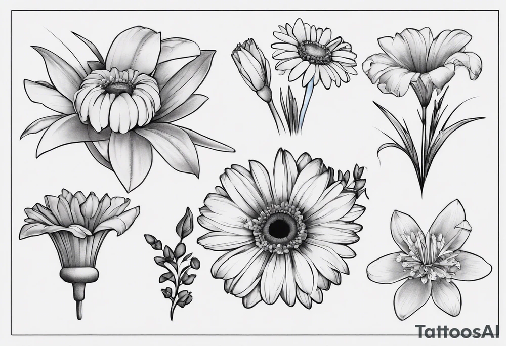 a fine line, dainty bouquet of a gerbera daisy, an iris, blue bells, and forget me nots, tied together with a small bow. no shading or realism. a small line work piece tattoo idea