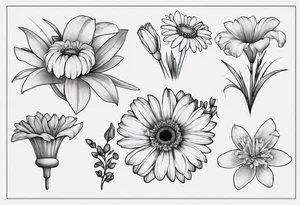 a fine line, dainty bouquet of a gerbera daisy, an iris, blue bells, and forget me nots, tied together with a small bow. no shading or realism. a small line work piece tattoo idea