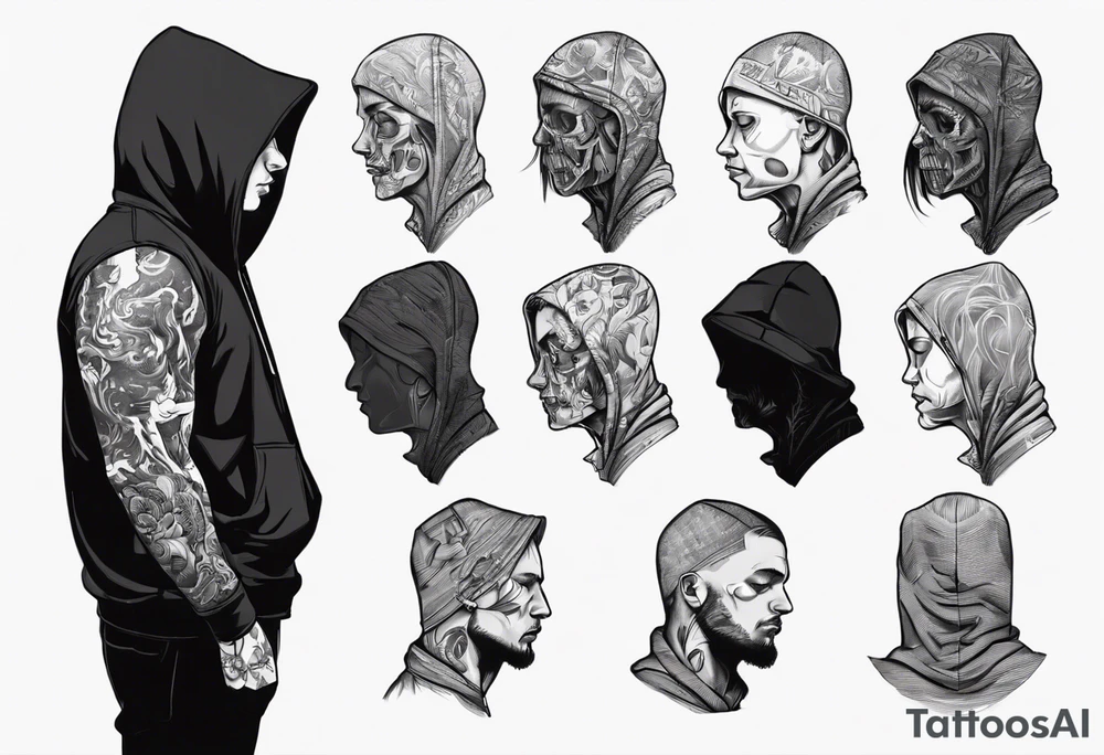 The side view of a person in a hoodie, looking down. tattoo idea