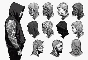 The side view of a person in a hoodie, looking down. tattoo idea