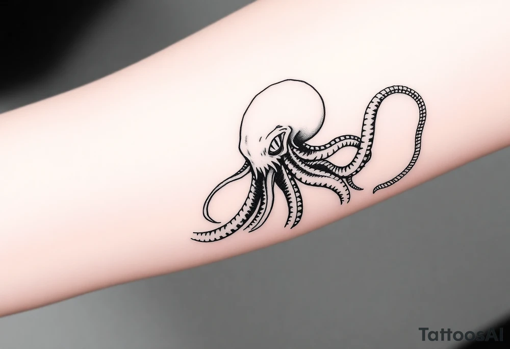 A minimalist blackwork tattoo design of an evil kraken The kraken is viewed from a 45-degree angle facing left, with its head centered. The tentacles extend only to the left and right, with none going downward beneath the head. The style is clean, fine-line detailing with bold outlines, avoiding heavy shading. The tentacles should be fluid, aggressive, and striking, enhancing the menacing and eerie look of the kraken while maintaining a cohesive design for a tattoo sleeve. tattoo idea