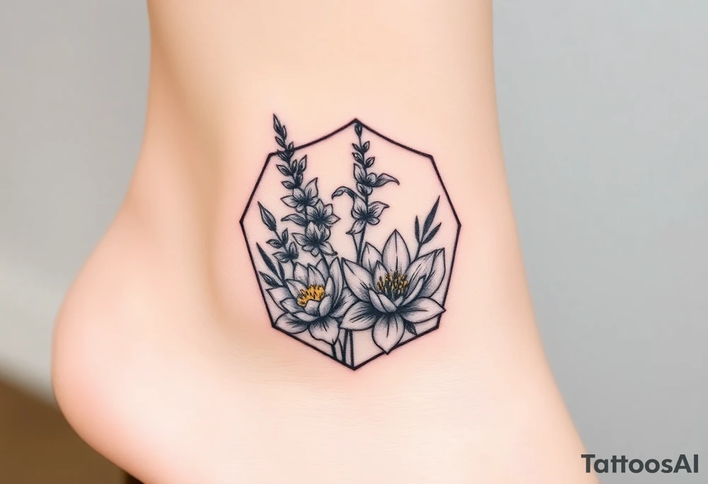 Hexagon Leo larkspurs and water lilies tattoo idea
