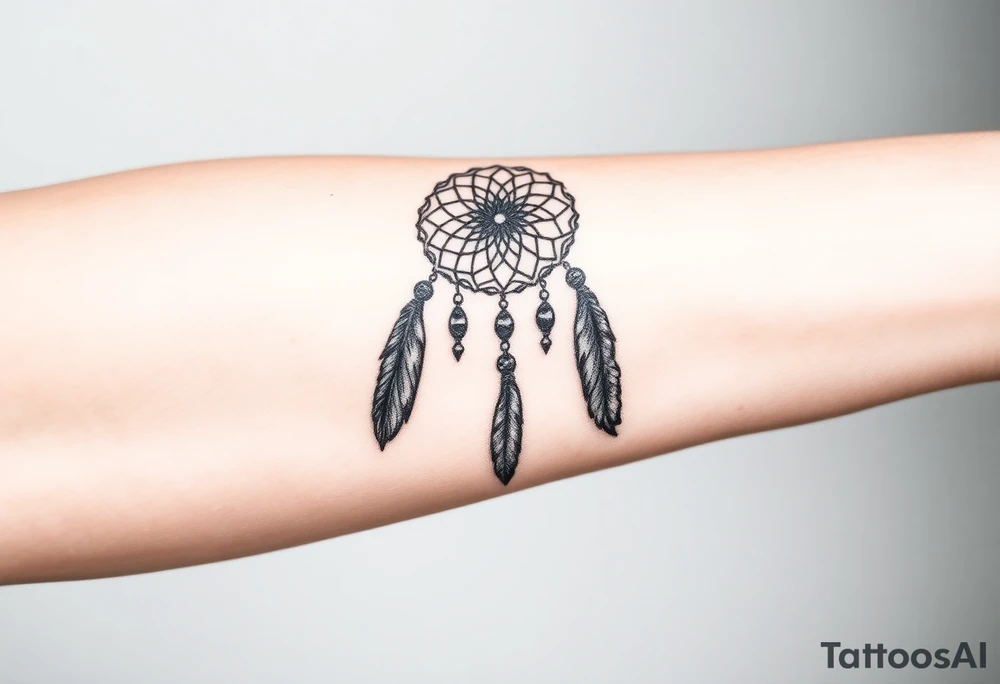 native dreamcatcher with flowing feathers and sacred beads tattoo idea