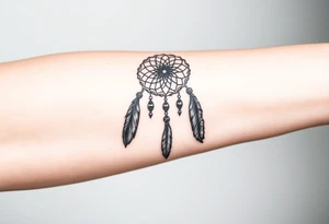 native dreamcatcher with flowing feathers and sacred beads tattoo idea