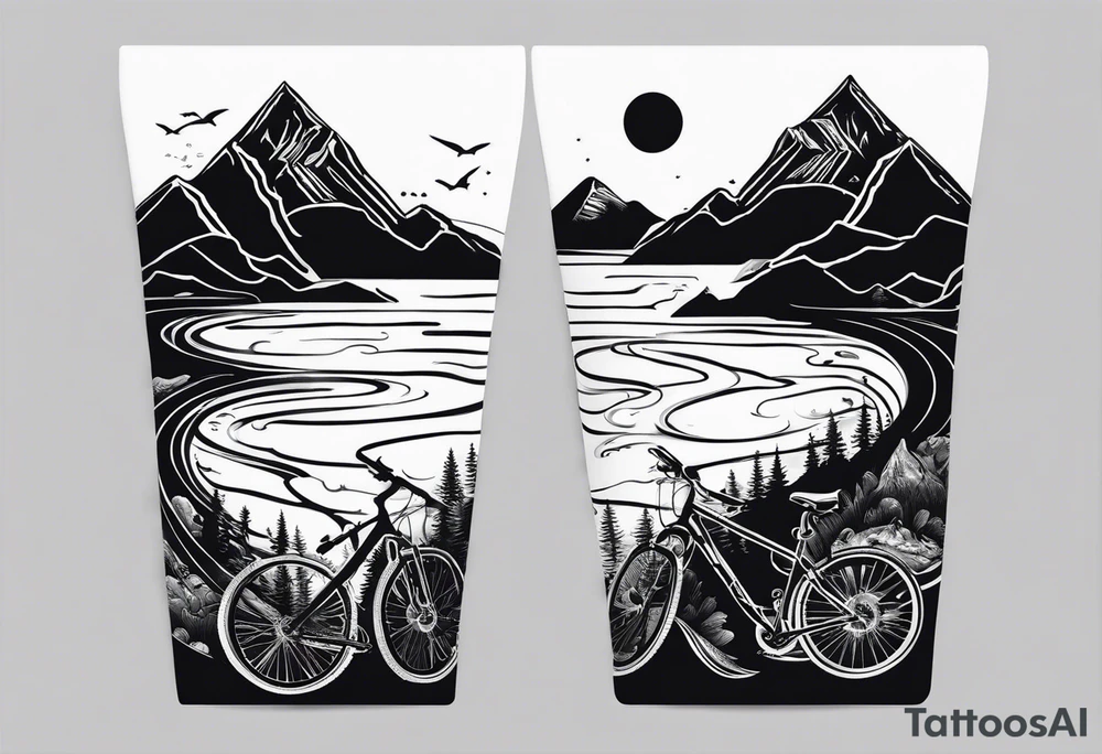 This is a tattoo that is split into 2 sections. The top half is a mountain in Norway with a mountain bike trail winding down the mountain. The bottom half of the tattoo depicts an underwater scene featuring water, and sea life. tattoo idea