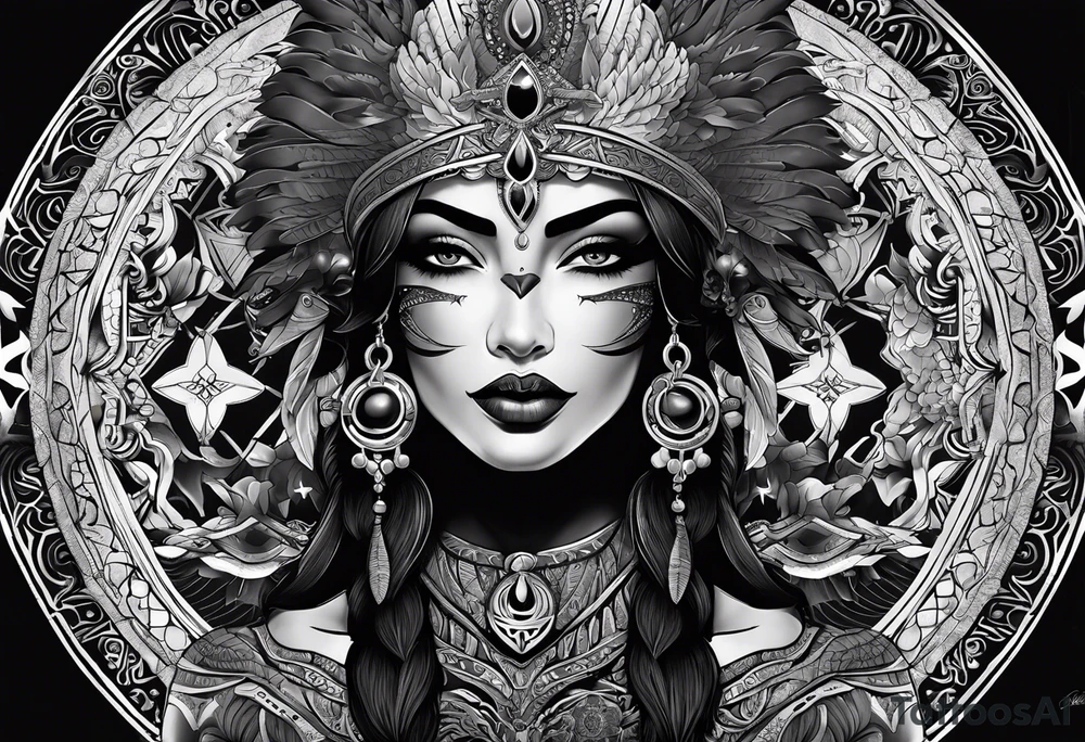 black kali, goddess pirate, alien, pachamama, valkrye, warrior, skull, lotus azul, wing, eagle, zenza resonance, stars, 5D, anahata chakra tattoo idea